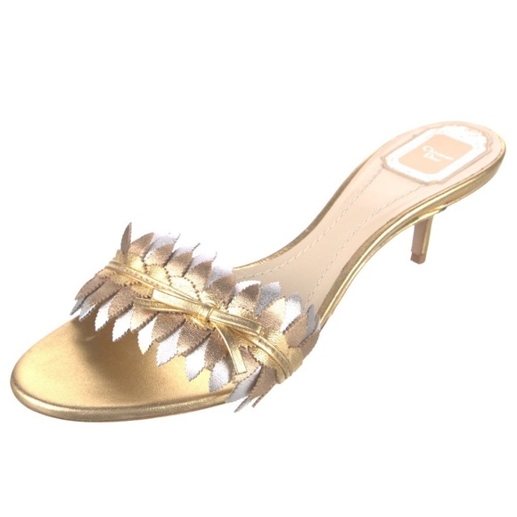 Christian Dior Mixed Metallic Gold Leather Bow Accents Heeled Slide Sandals 37.5 - Picture 1 of 12